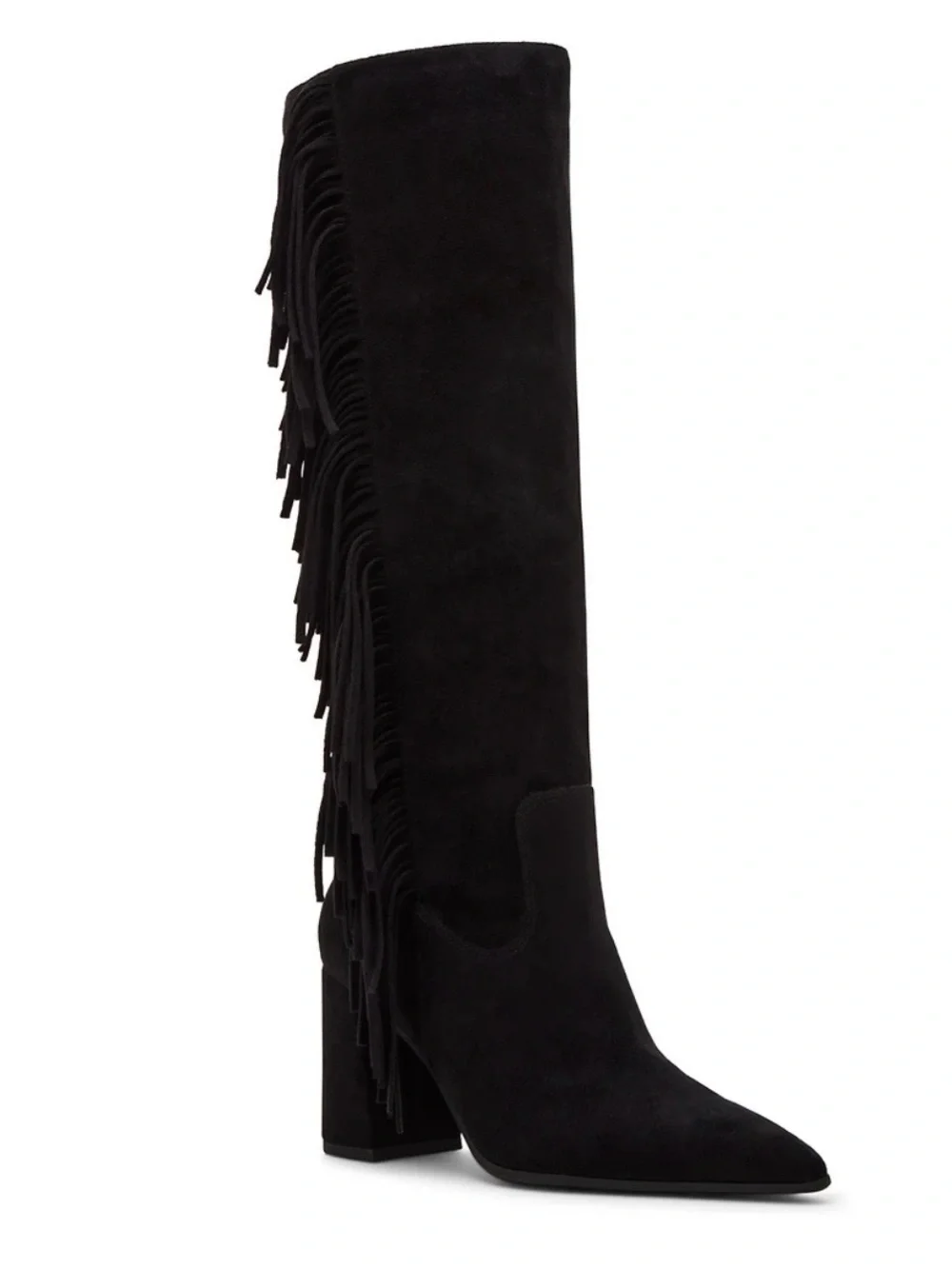 Madden Girl Shakke Women Black Fabric Fringe Knee High Pointed Toe Boots 6